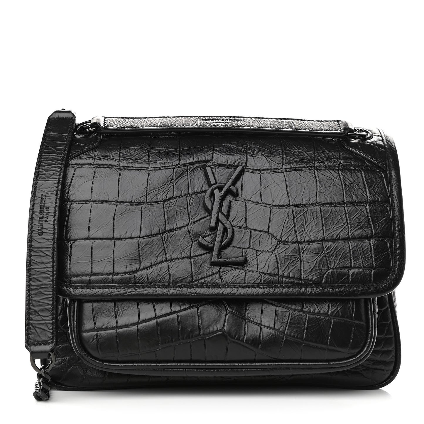 Calfskin Crocodile Embossed Matelasse Monogram Baby Niki Chain Satchel Black
