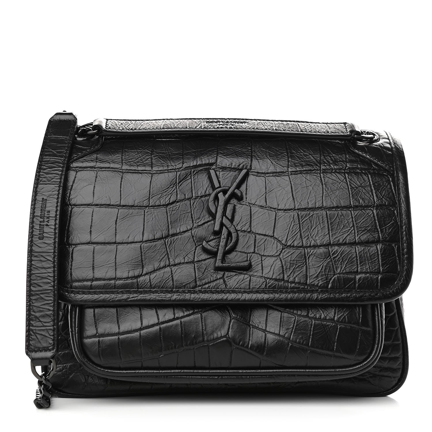 Saint Laurent Calfskin Crocodile Embossed Matelasse Monogram Baby Niki Chain Satchel Black 1 of 9