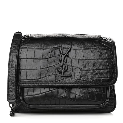 Saint Laurent Calfskin Crocodile Embossed Matelasse Monogram Baby Niki Chain Satchel Black 1 of 9
