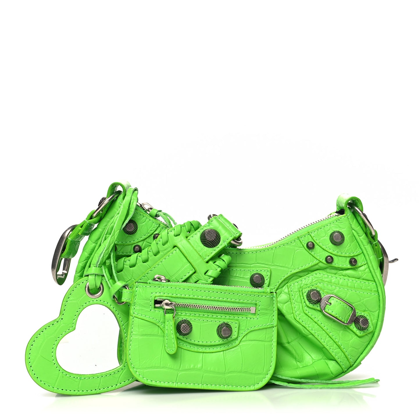 Extra Supple Calfskin Crocodile Embossed Le Cagole Shoulder Bag XS Acid Green