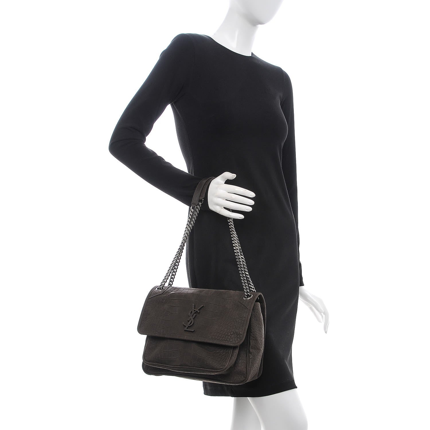 Saint Laurent Nubuck Crocodile Embossed Monogram Medium Niki Chain Satchel Wood 2 of 7