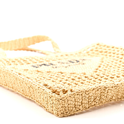 Prada Yarn Raffia Effect Crochet Logo Embroidered Tote Bag Naturale 8 of 9