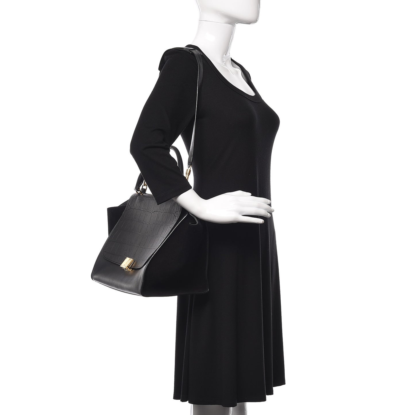 Crocodile Embossed Calfskin Suede Medium Trapeze Black