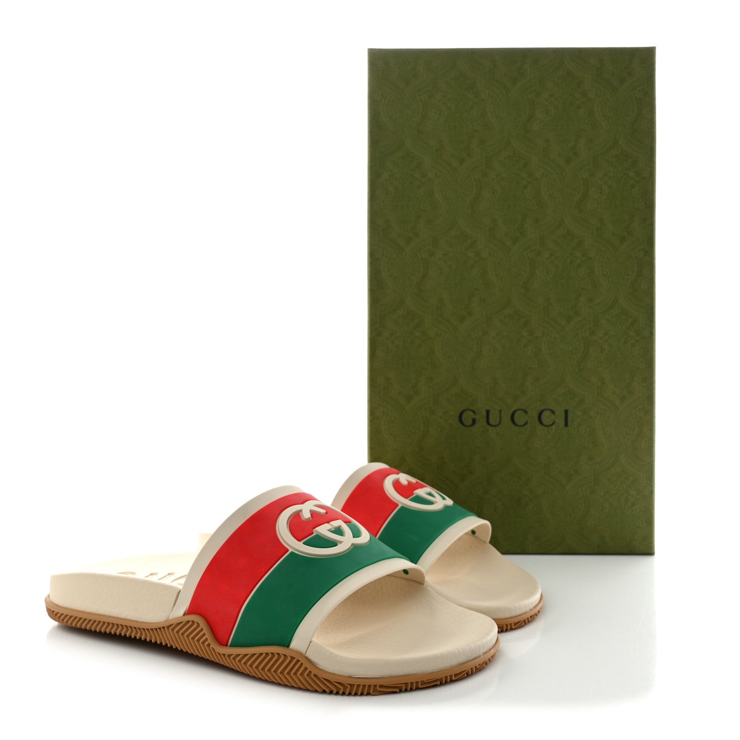 Gucci Rubber Web Womens Interlocking G Slide Sandals 39 Mystic White Green Red 9 of 9