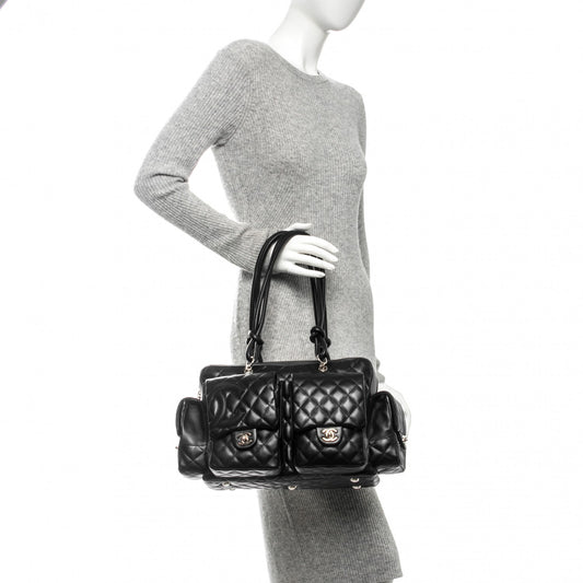 Calfskin Quilted Large Cambon Multipocket Reporter Black