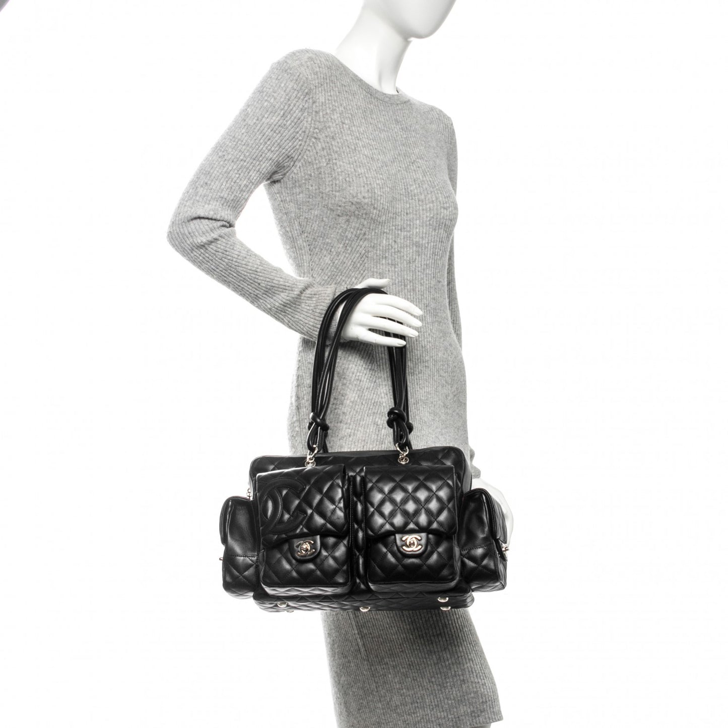 Calfskin Quilted Large Cambon Multipocket Reporter Black