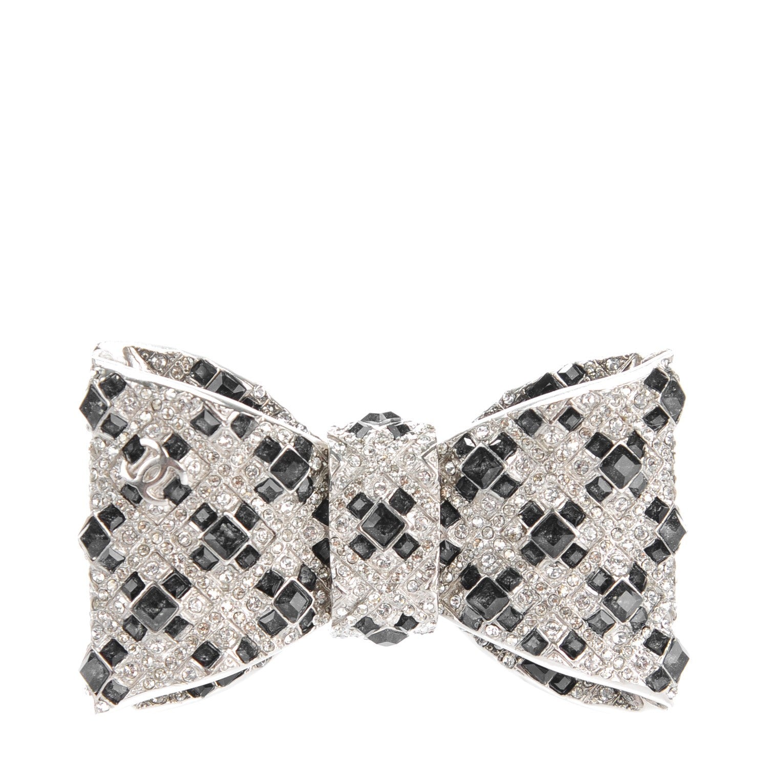 Chanel Crystal CC Bow Brooch Silver Black 1 of 5