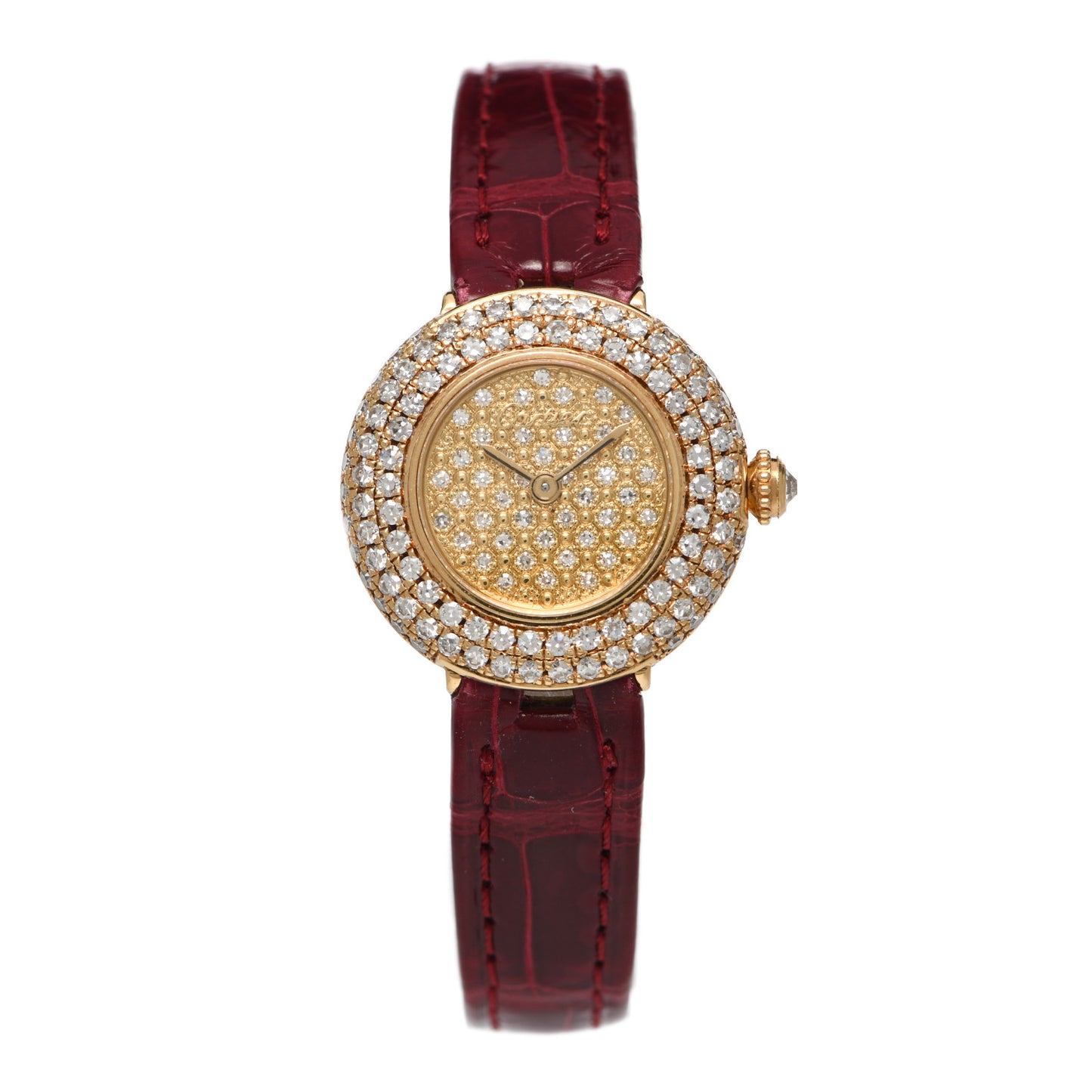 18K Yellow Gold Alligator Diamond Pave 24mm Quartz Watch Burgundy