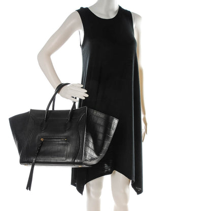 Celine Crocodile Embossed Calfskin Medium Phantom Luggage Black 2 of 7