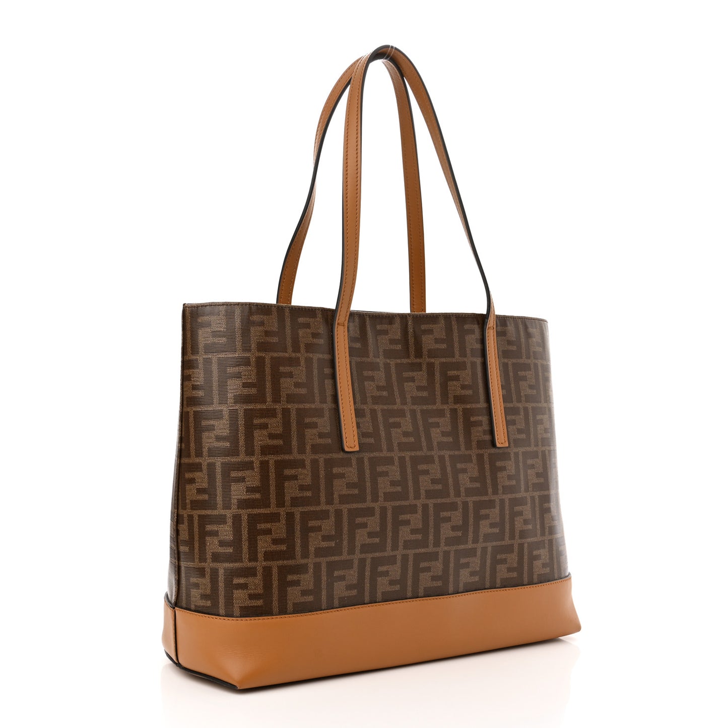 Glazed Fabric Vitello Century FF 1974 Stamp Patch Shopping Tote Mogano Panna Caramello