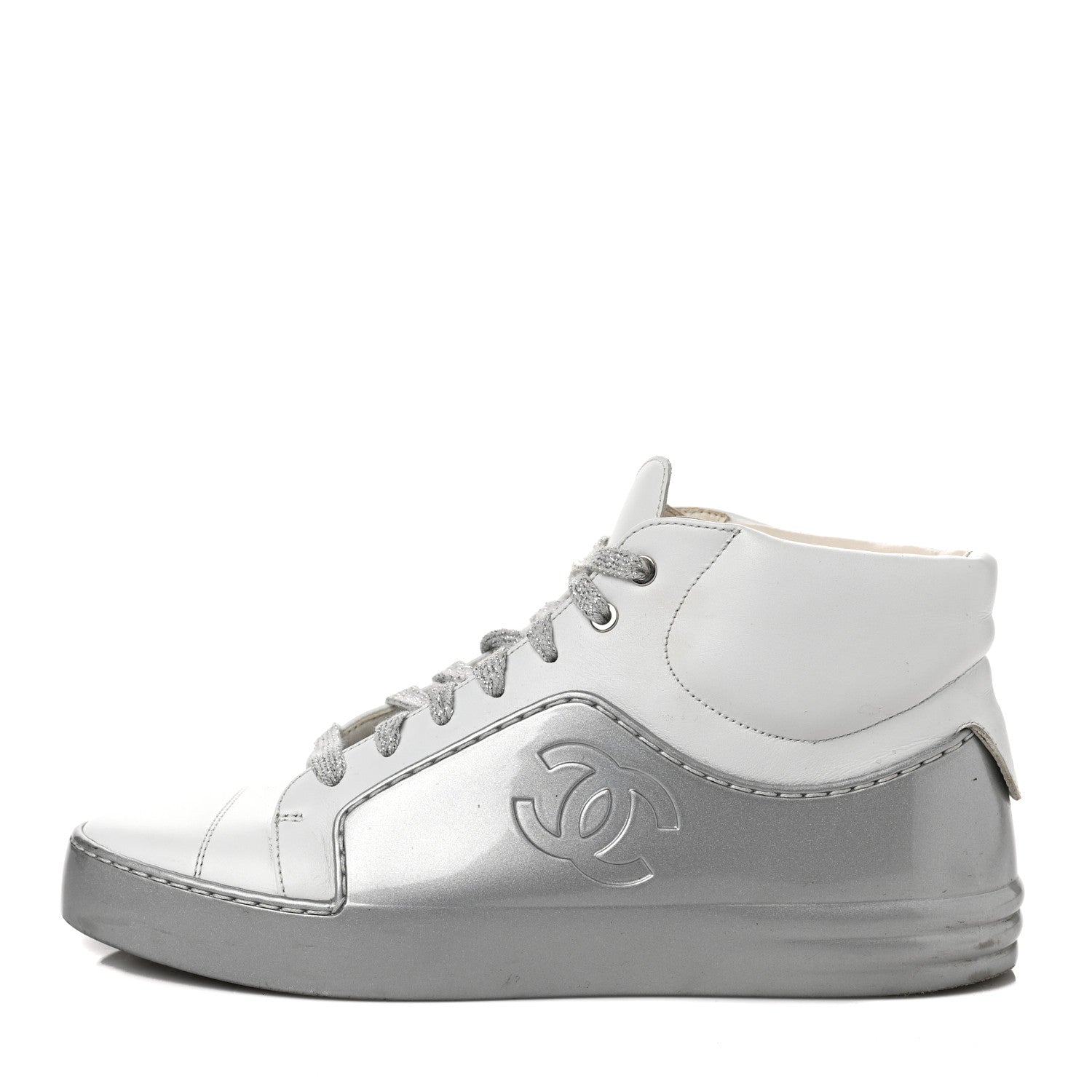 Chanel Patent Lambskin High Top Sneakers 37 White Silver 1 of 12