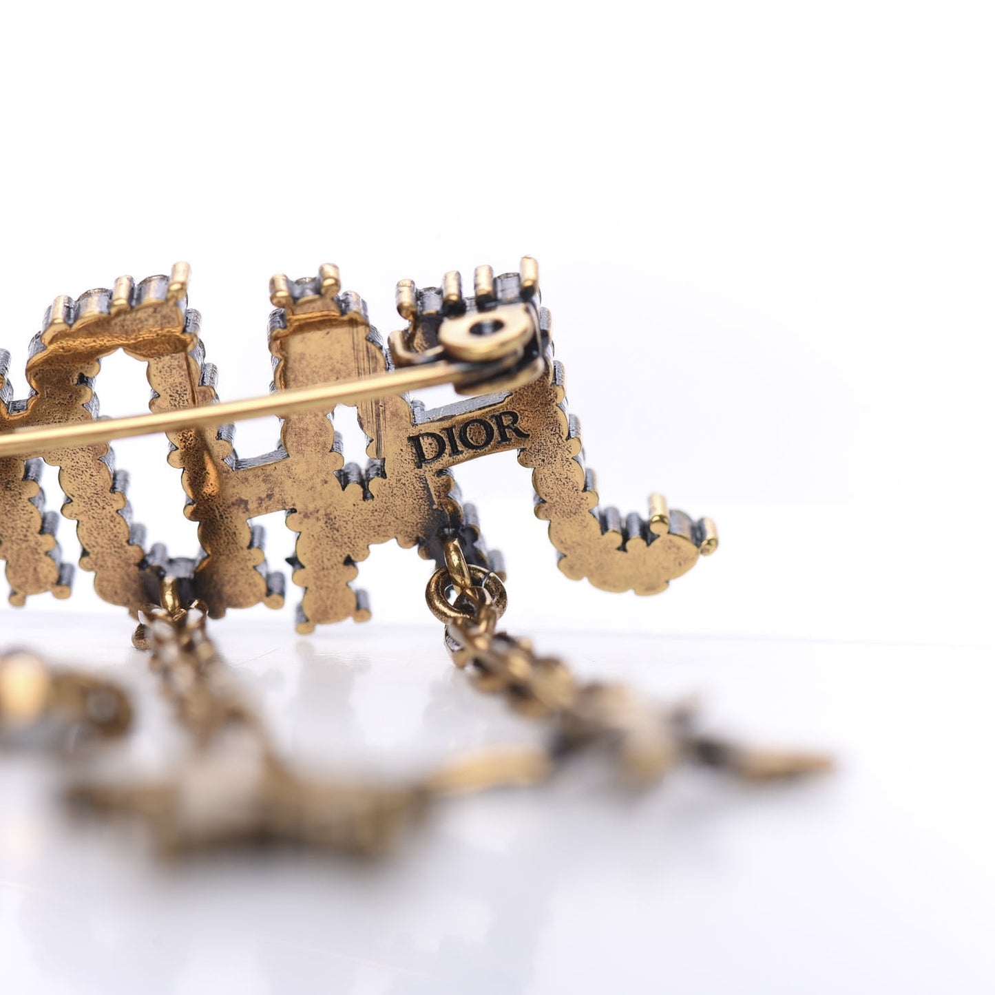 Metal Crystal J'Adior Logo Brooch Aged Gold