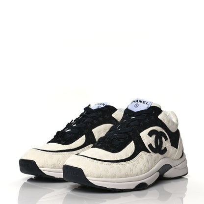 Chanel Suede Calfskin Womens CC Printed Sneakers 38.5 White Black 3 of 9