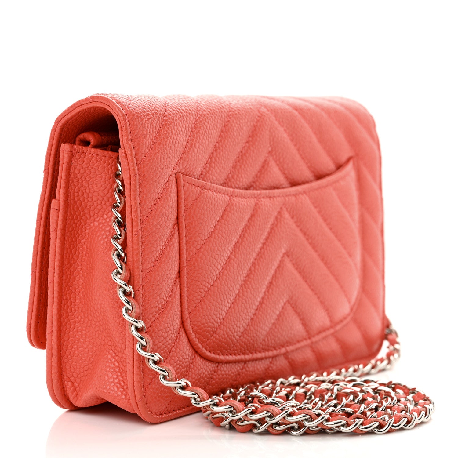 Chanel Caviar Chevron Quilted Wallet On Chain WOC Coral 3 of 14