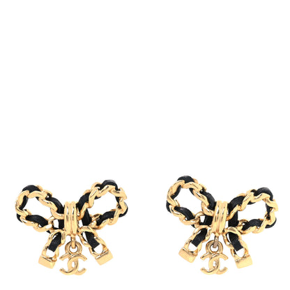 Chanel Lambskin Chain Bow Stud Earrings Black Gold 1 of 5