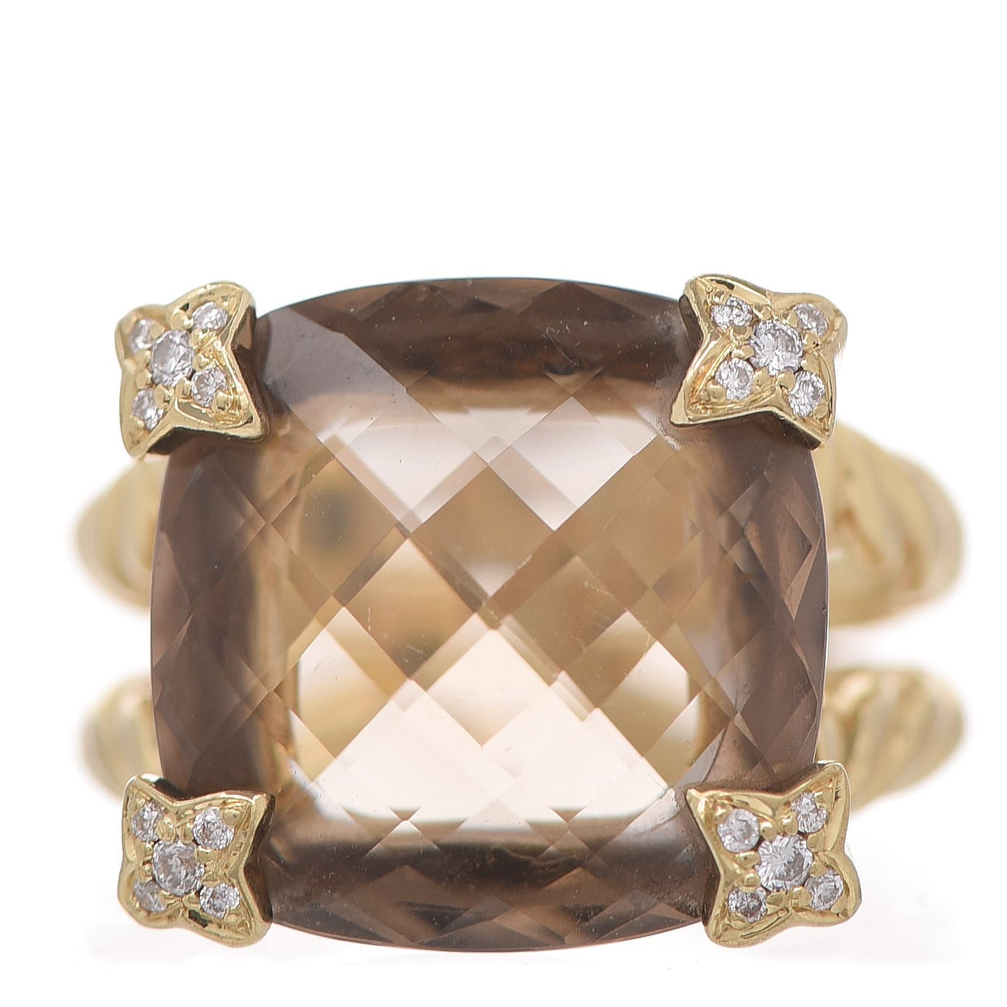 18K Yellow Gold Diamond Smokey Topaz 15mm Chatelaine Ring 50 5.5