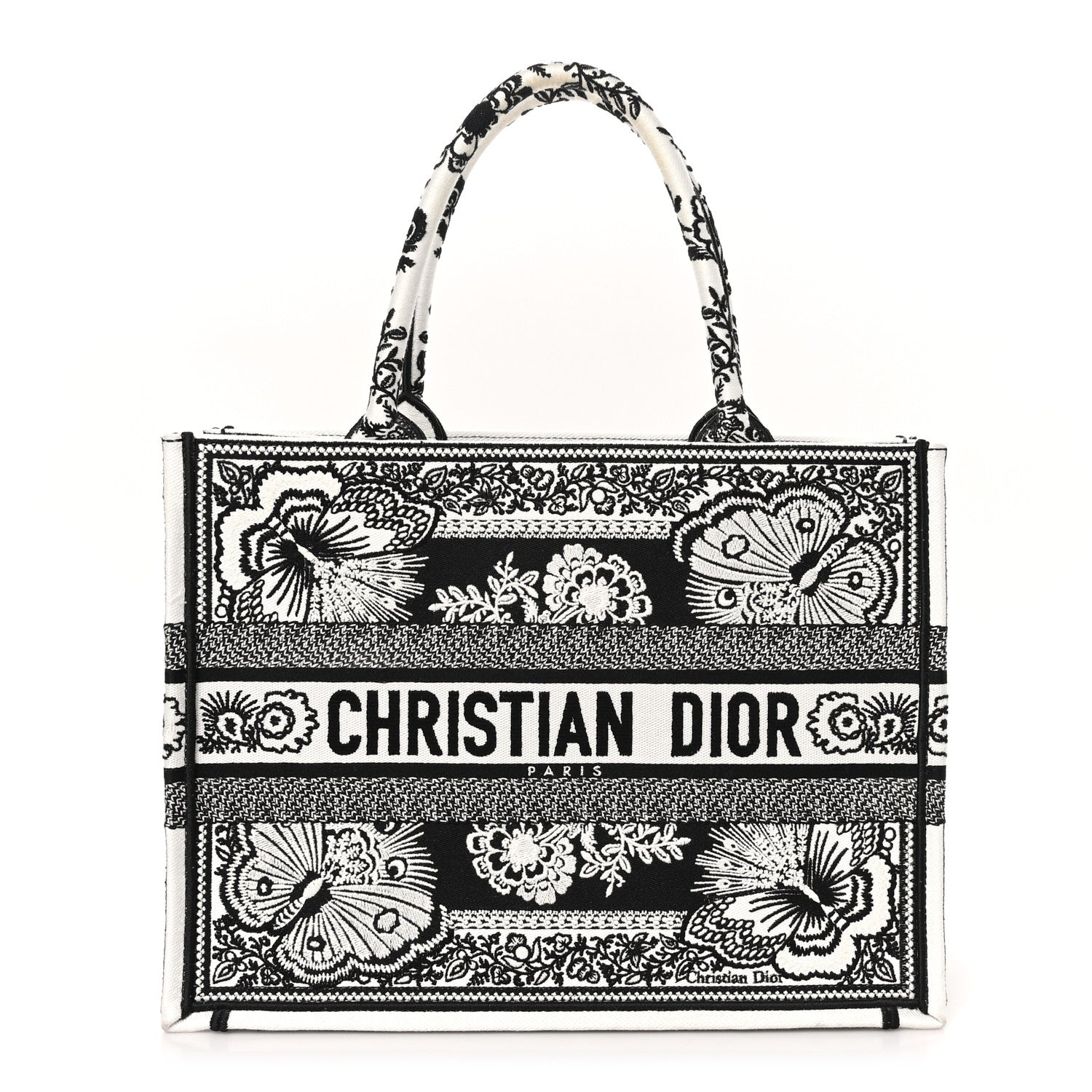 Christian Dior Canvas Butterfly Bandana Embroidered Medium Book Tote Black White 1 of 10