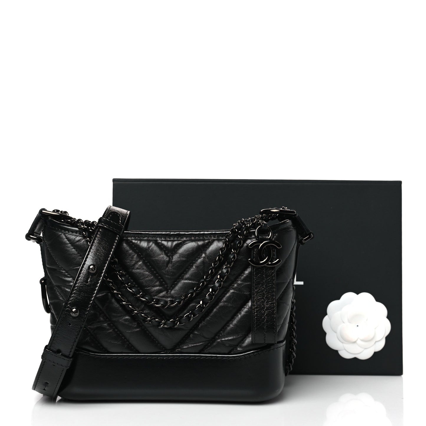 Aged Calfskin Chevron Quilted Small Gabrielle Hobo So Black