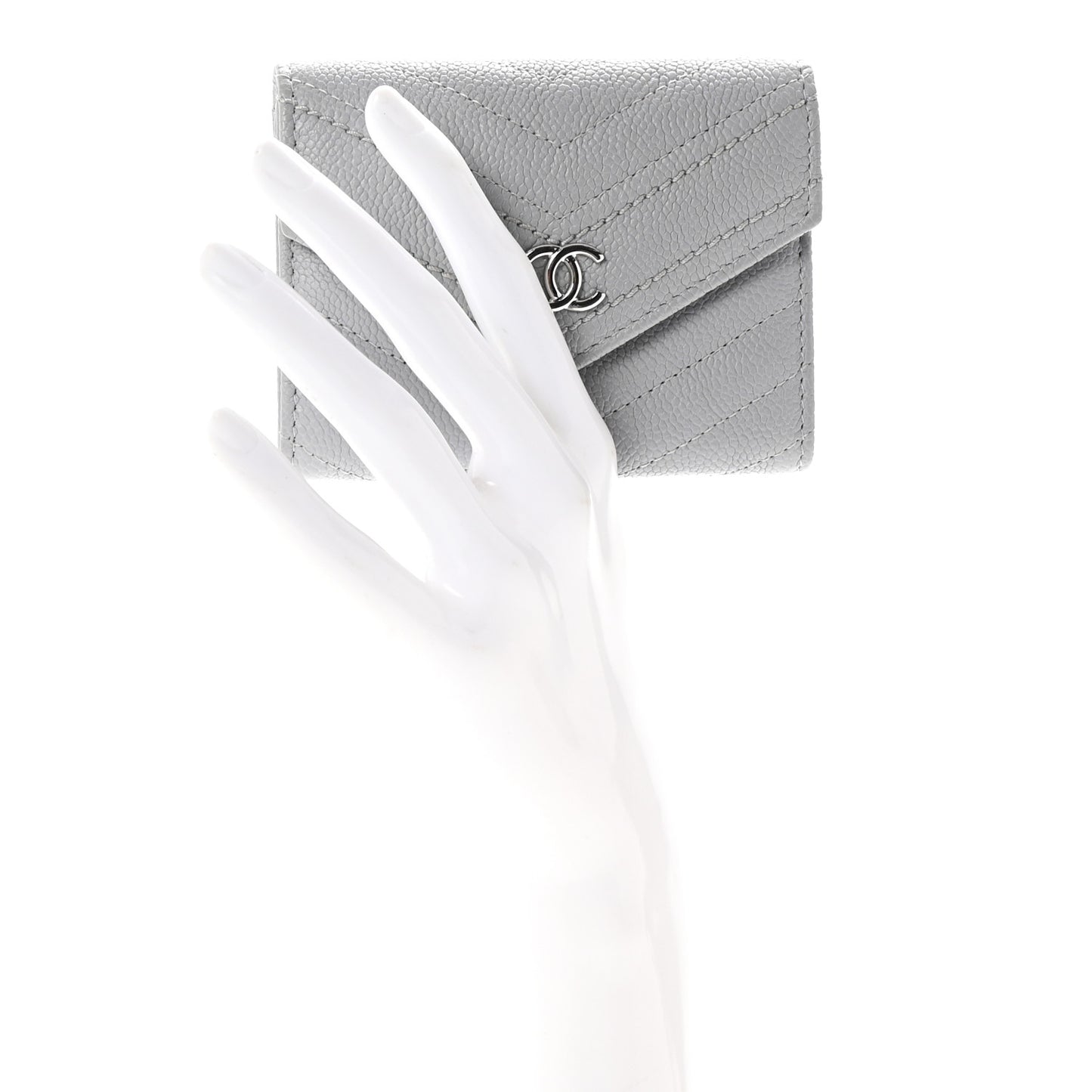 Caviar Chevron Quilted Card Holder Flap Wallet Grey