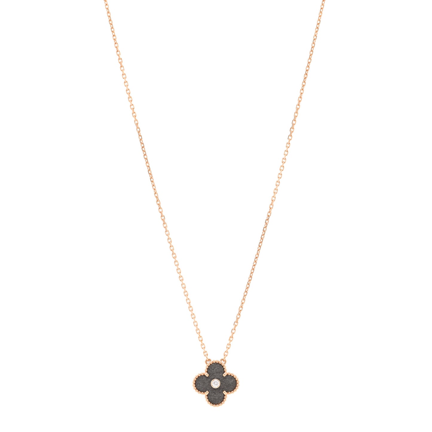 18K Rose Gold Diamond Silver Obsidian Vintage Alhambra Pendant Necklace