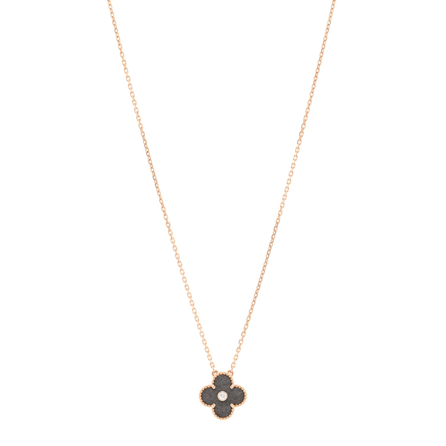 Van Cleef & Arpels 18K Rose Gold Diamond Silver Obsidian Vintage Alhambra Pendant Necklace 1 of 5