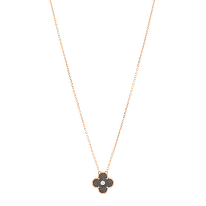Van Cleef & Arpels 18K Rose Gold Diamond Silver Obsidian Vintage Alhambra Pendant Necklace 1 of 5