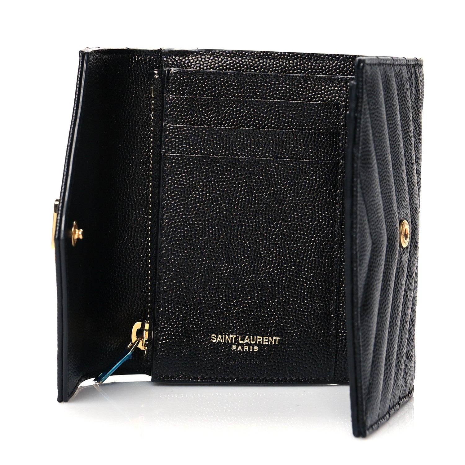 Saint Laurent Grain De Poudre Matelasse Chevron Monogram Compact Tri Fold Wallet Black 5 of 7