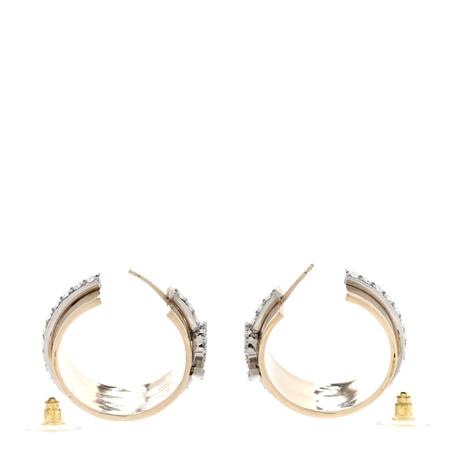 Chanel Metal Crystal CC Hoop Earrings Gold Silver 3 of 8