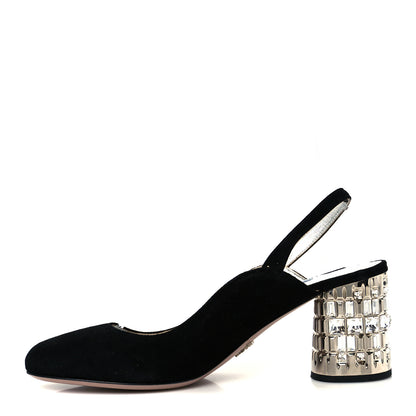 Prada Suede Crystal Block Heel Slingback Pump 37 Black 1 of 10
