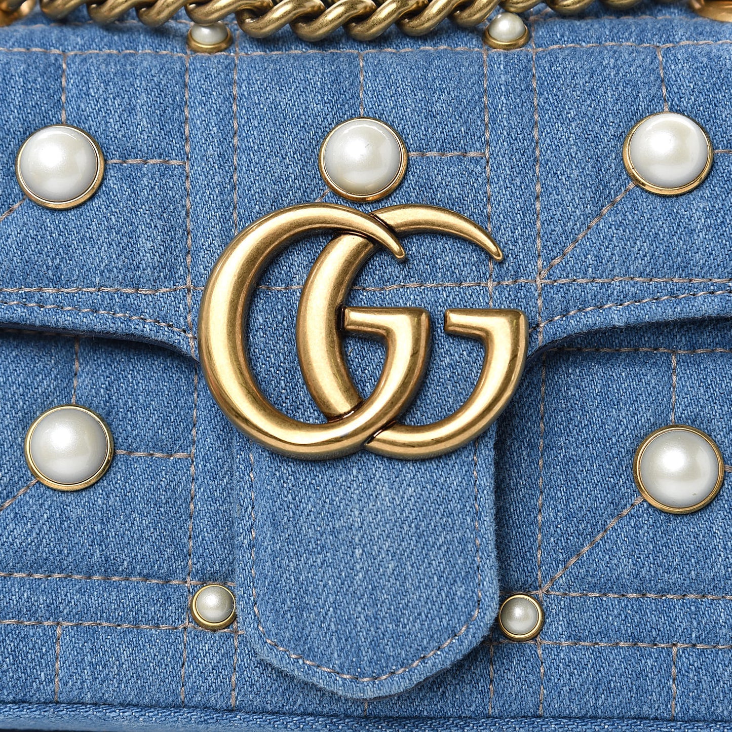 Denim Matelasse Pearl Studded Mini GG Marmont Shoulder Bag Blue