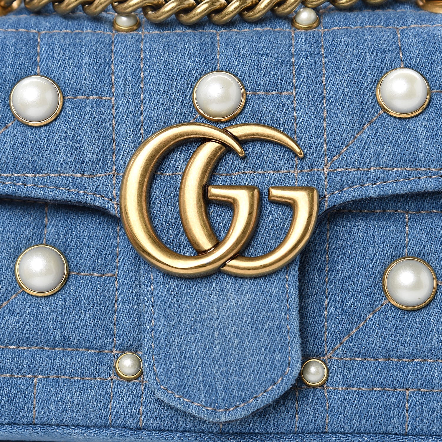 Gucci Denim Matelasse Pearl Studded Mini GG Marmont Shoulder Bag Blue 8 of 11
