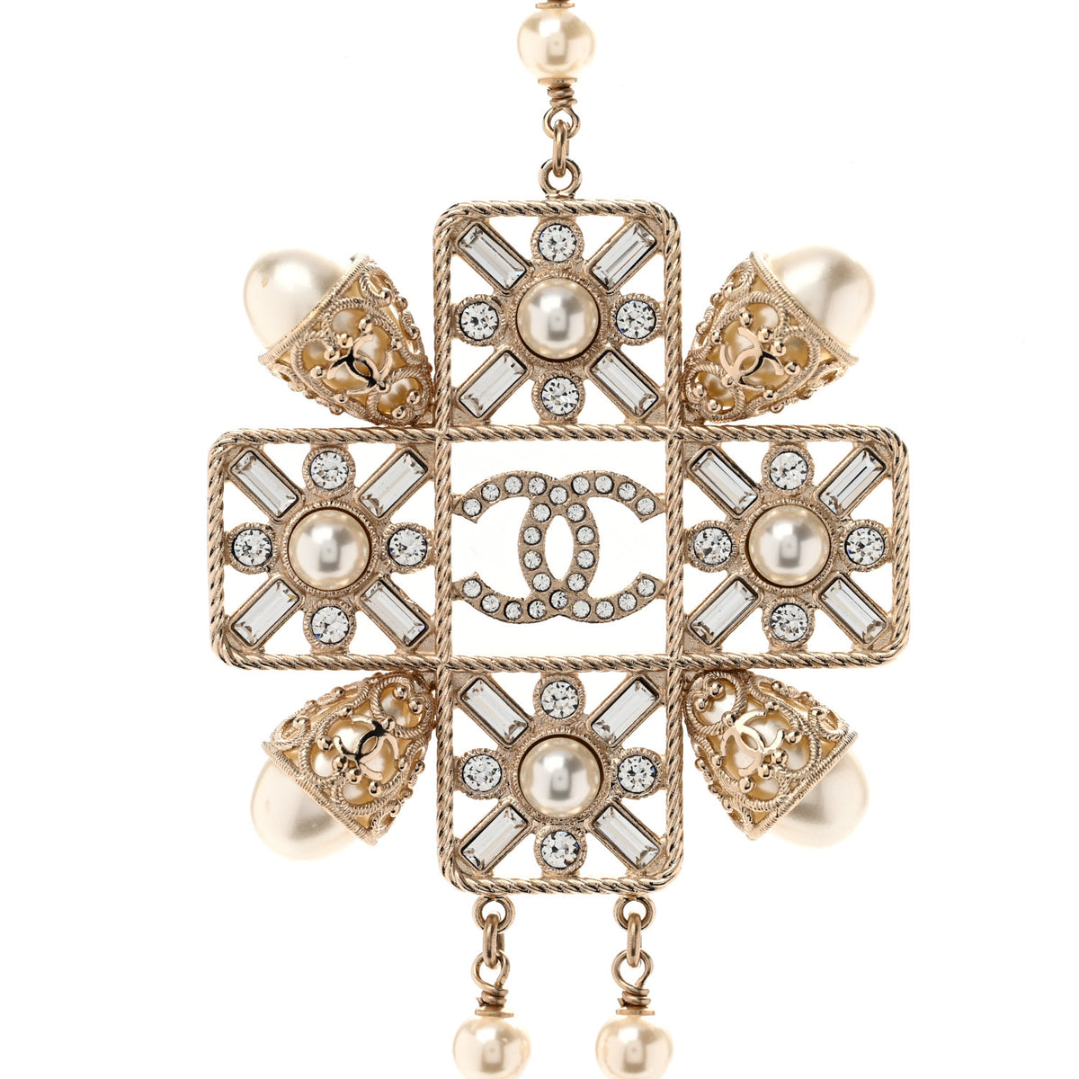 Pearl Crystal CC Long Necklace Gold