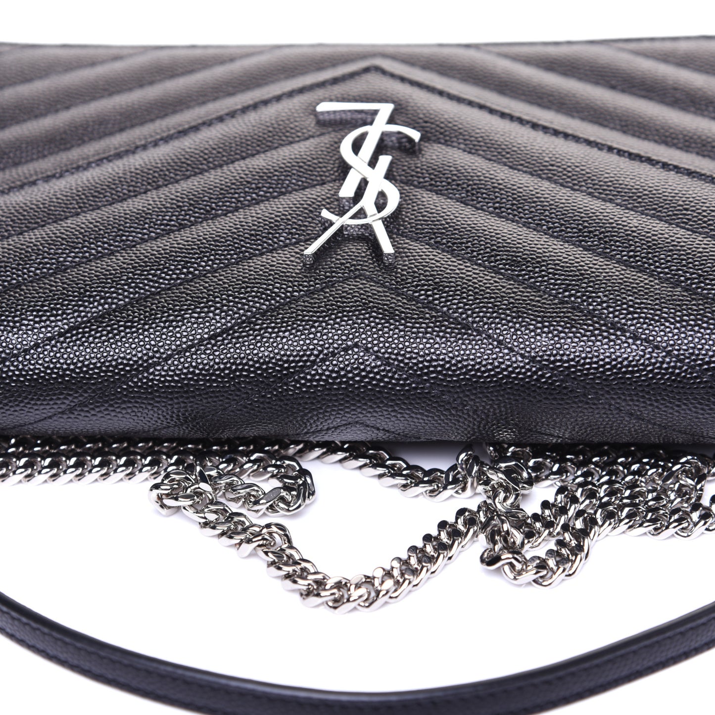 Grain De Poudre Matelasse Chevron Monogram Envelope Chain Wallet Black