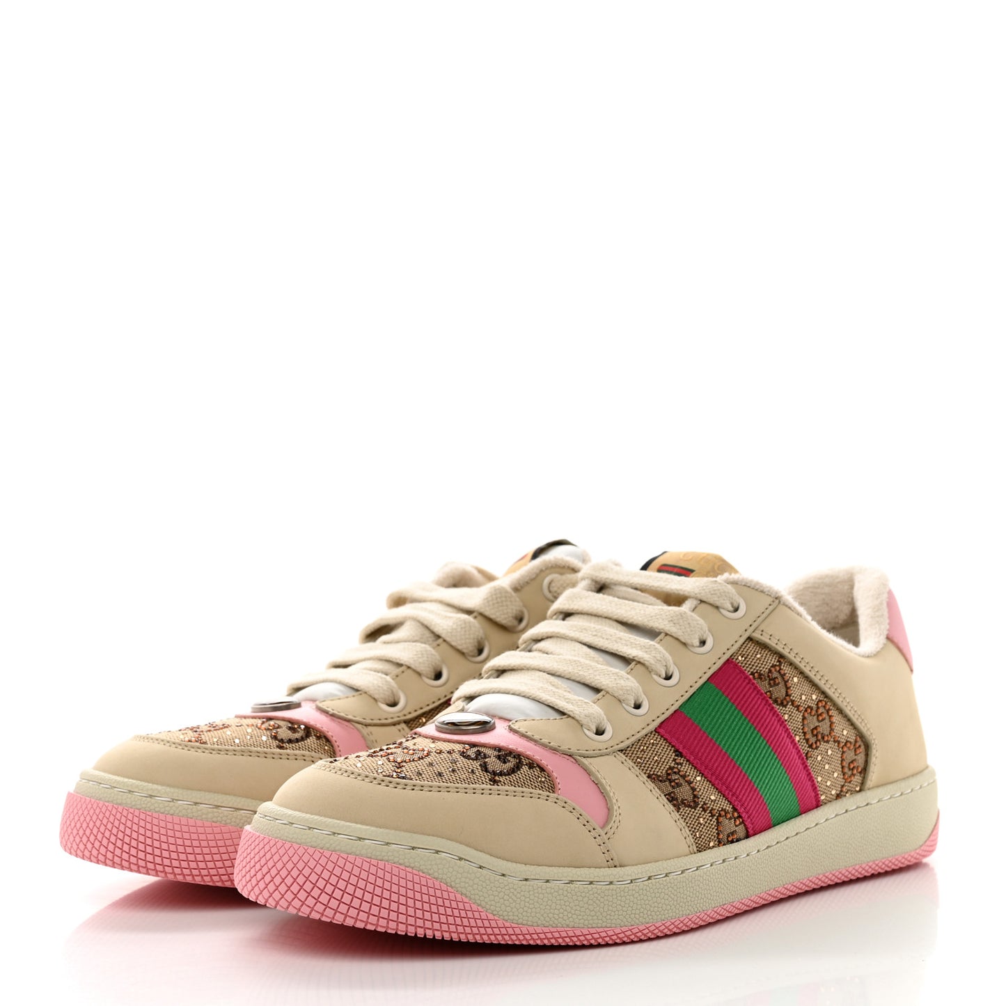 New GG Monogram Nubuck Web Crystal Embellished Womens Screener Sneakers 39 Camel Ebony Wild Rose