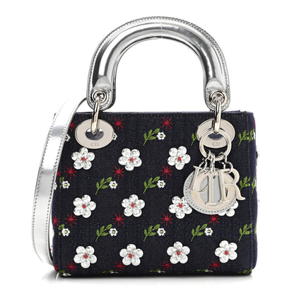 Christian Dior Denim Cannage Floral Embroidered Mini Lady Dior Blue 1 of 9