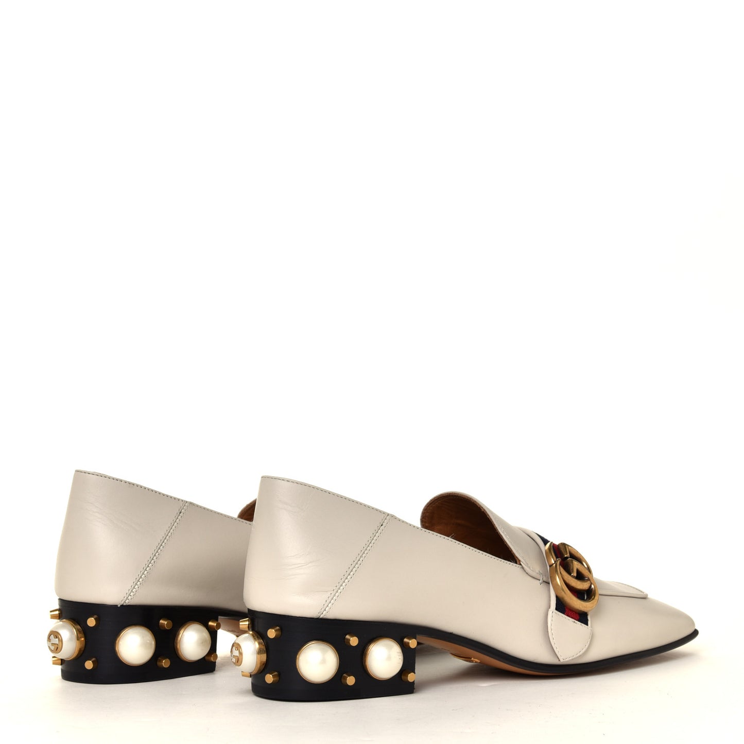Betis Glamour Calfskin Web Pearl Embellished Peyton 35mm Loafer Pumps 38.5 Mystic White