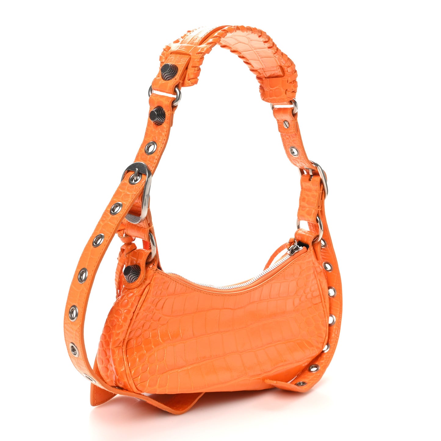 Extra Supple Calfskin Crocodile Embossed Le Cagole Shoulder Bag XS Pop Orange