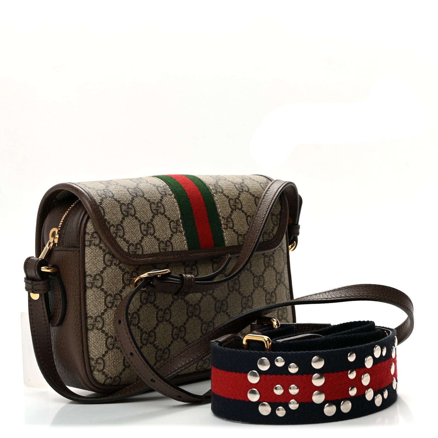 Gucci GG Supreme Monogram Textured Dollar Calfskin Web Studded Mini Ophidia Flap Shoulder Bag Beige Ebony New Acero 3 of 10