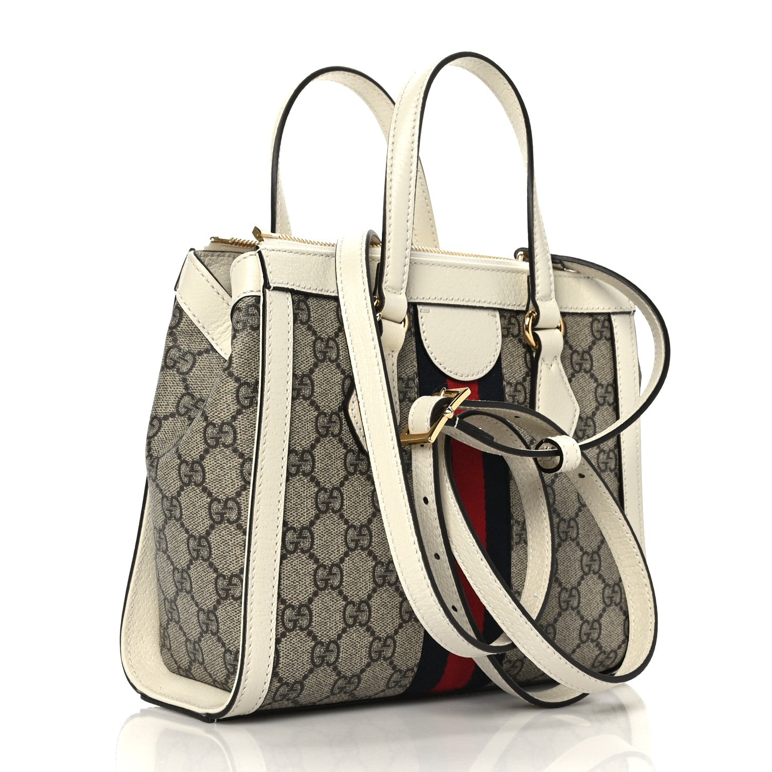 Gucci GG Supreme Monogram Textured Dollar Calfskin Web Small Ophidia Tote Bag Beige Ebony Mystic White 3 of 9