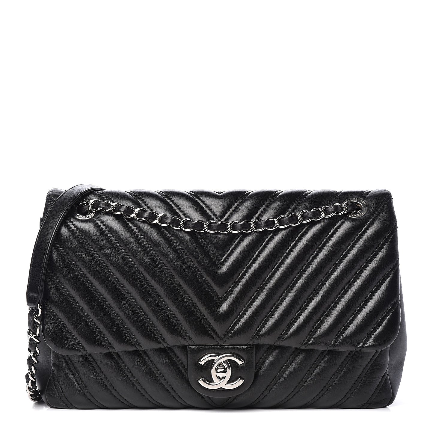 Lambskin Chevron Quilted Double Stitch Jumbo Single Flap Black