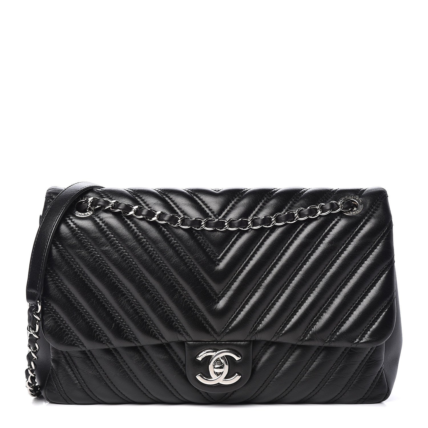 Chanel Lambskin Chevron Quilted Double Stitch Jumbo Single Flap Black 1 of 13