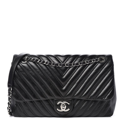 Chanel Lambskin Chevron Quilted Double Stitch Jumbo Single Flap Black 1 of 13