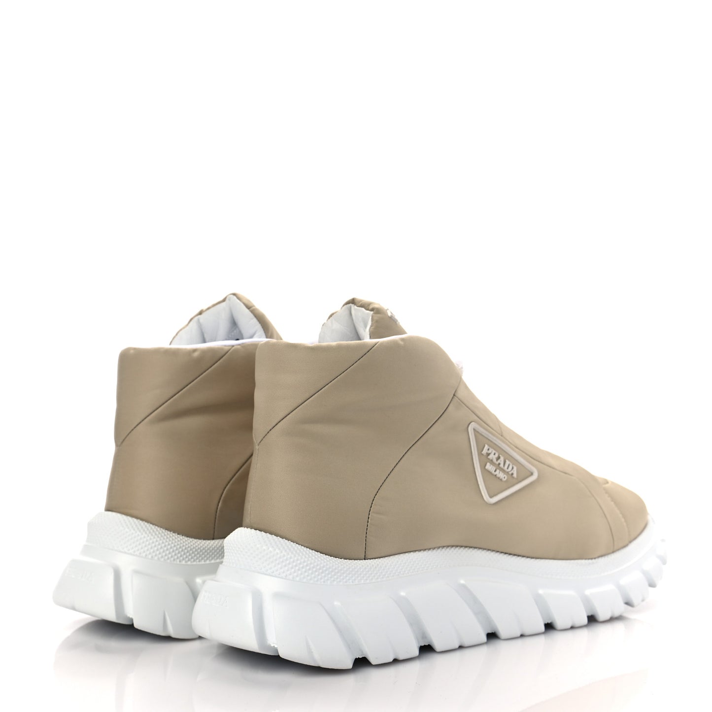 Re-Nylon Gabardine Rubber Triangle Logo Quilted Womens Rush Piuma 50mm Mid Sneakers 40.5 Deserto