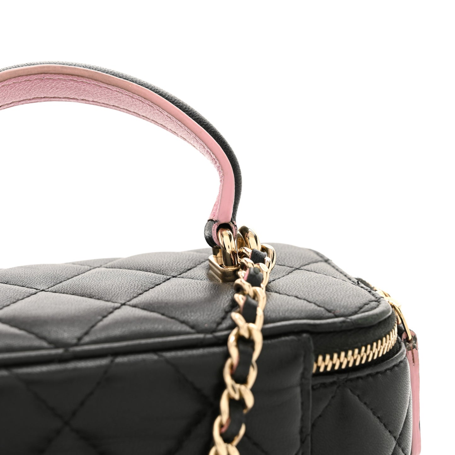 Lambskin Quilted Small Top Handle Vanity Case With Chain Black Lilac