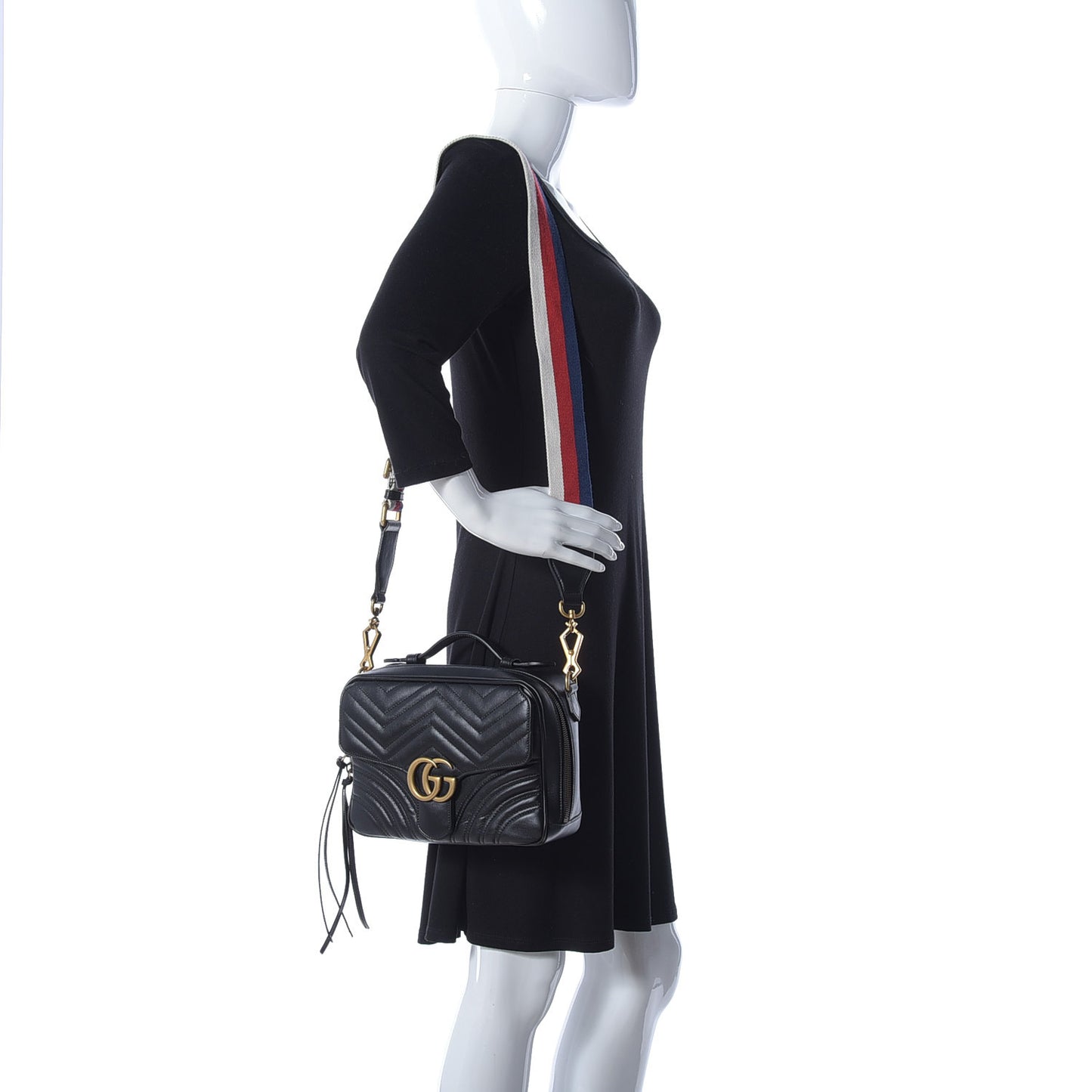 Calfskin Matelasse Sylvie Web Small GG Marmont Top Handle Shoulder Bag Black