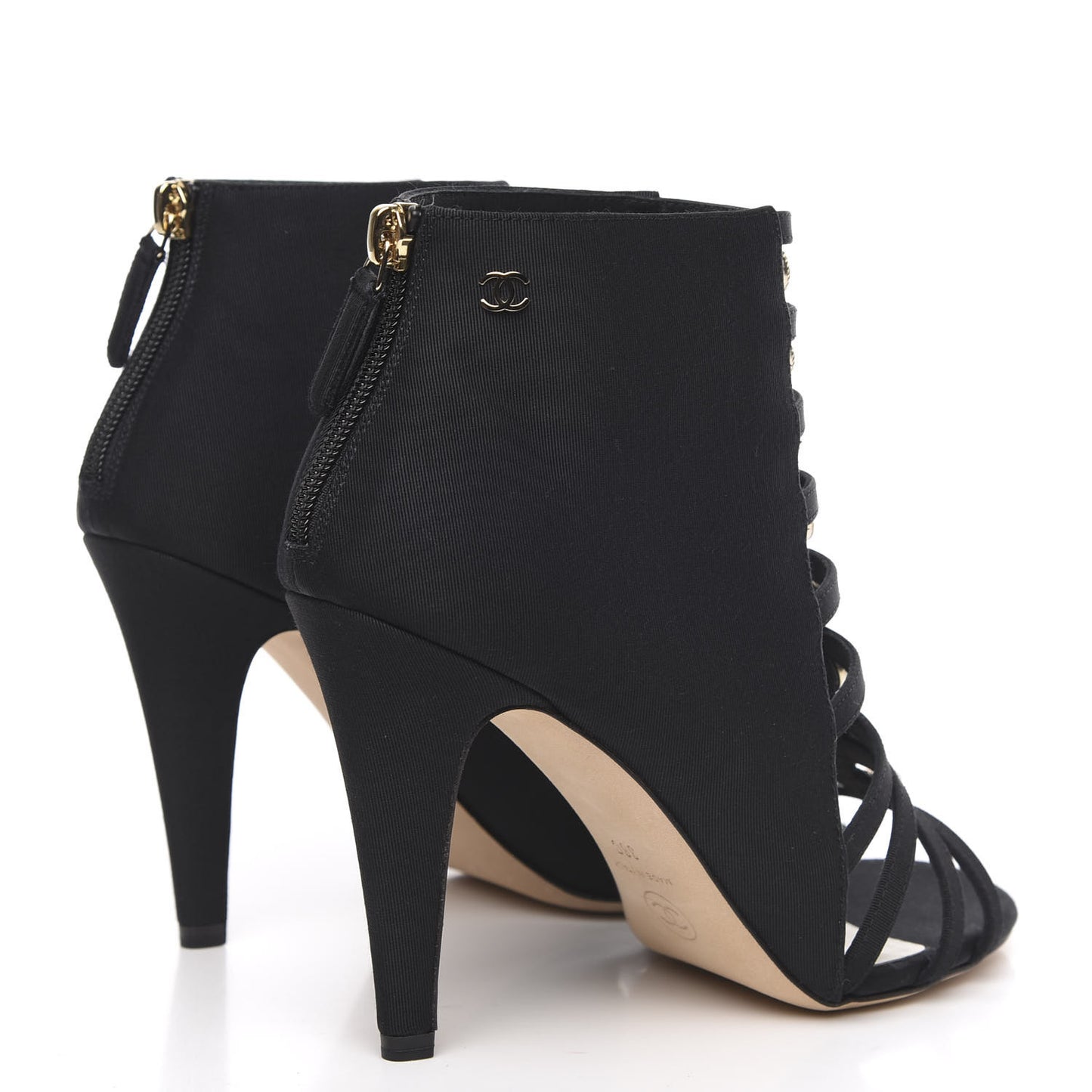 Grosgrain Pearl Open Toe Caged Ankle Boots 38 Black