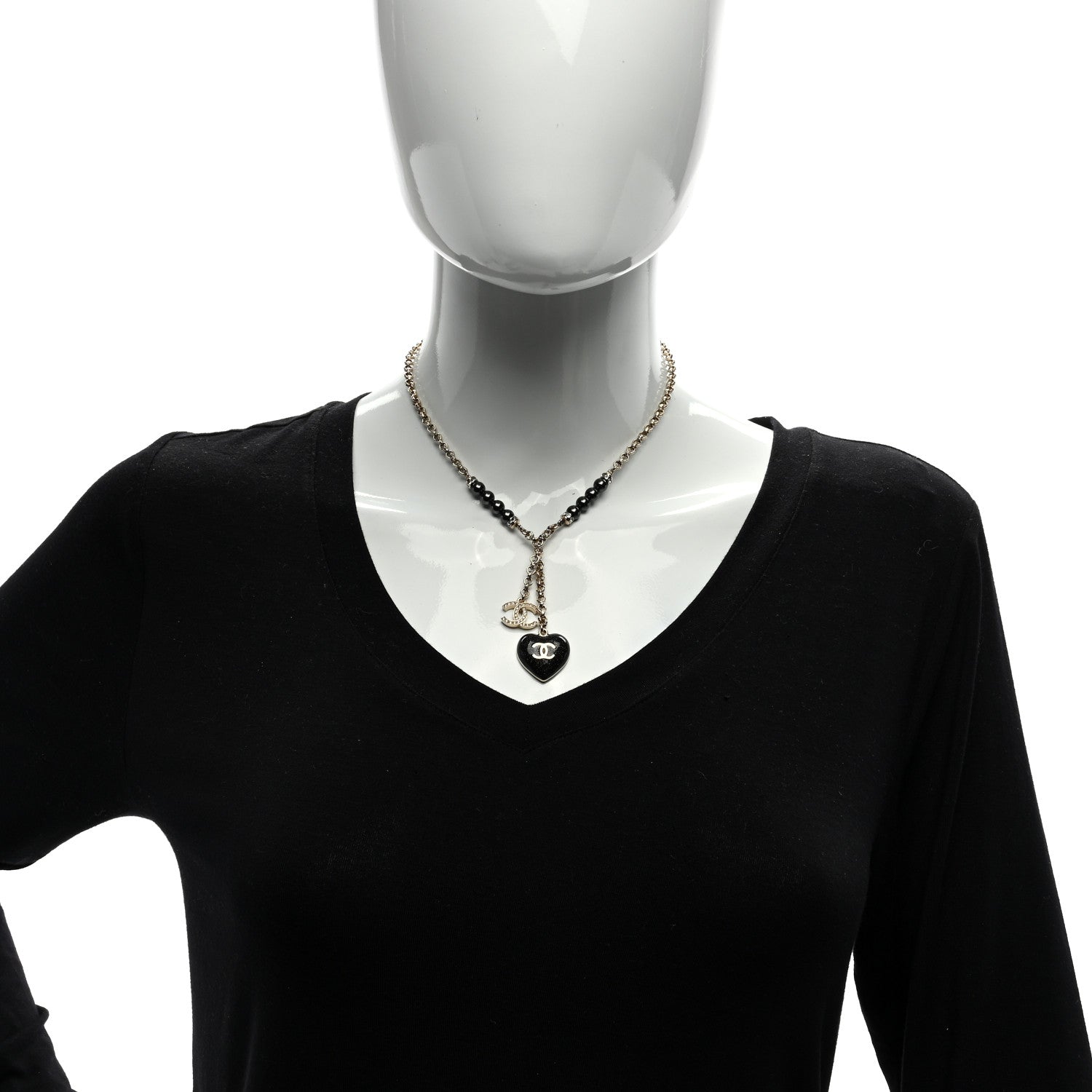 Chanel Resin Crystal Bead CC Heart Necklace Black Gold 2 of 4
