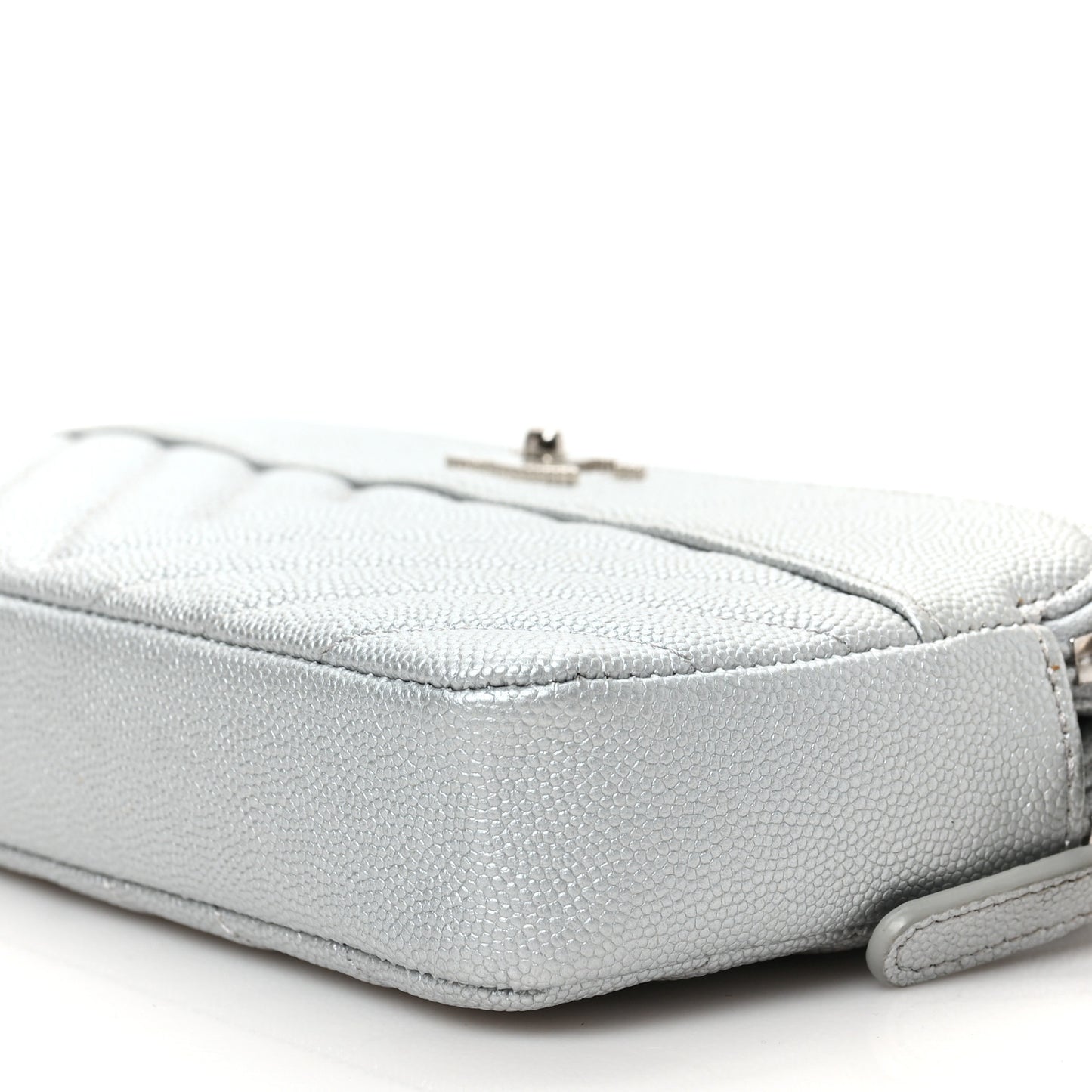 Metallic Caviar Chevron Quilted Small Vintage Mademoiselle Clutch With Chain Silver