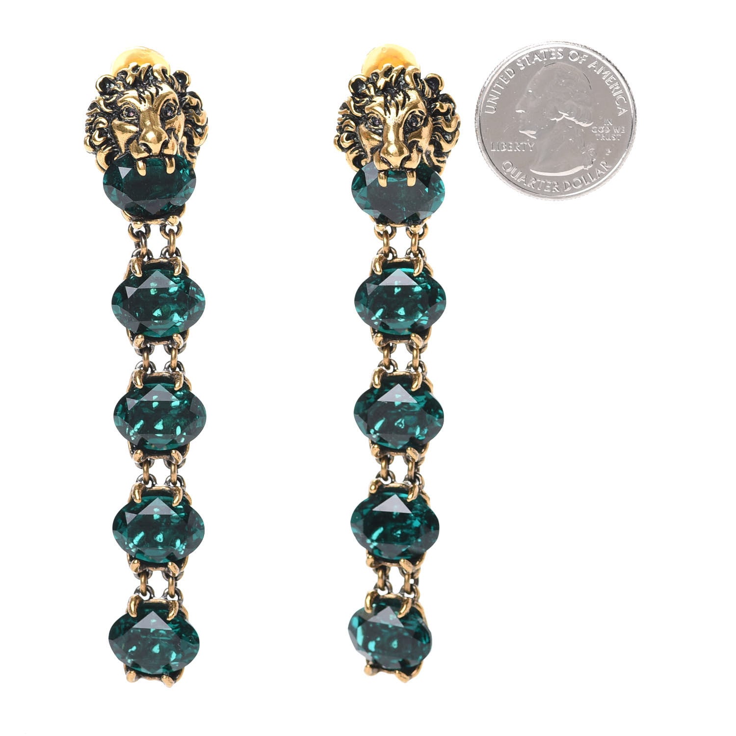 Gucci Crystal Metal Lionhead Drop Earrings Emerald Aged Gold 2 of 4