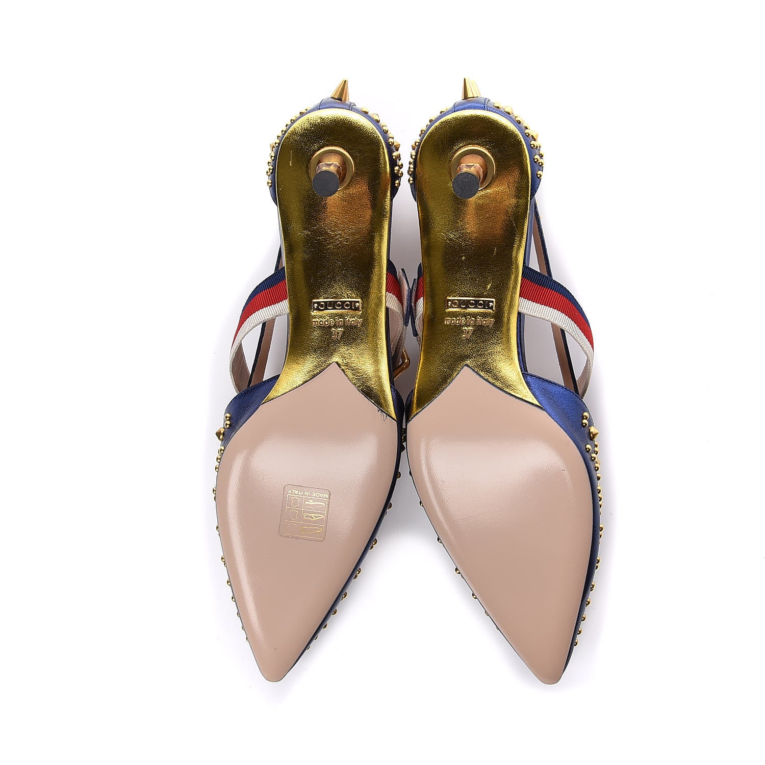 Gucci Metallic Nappa Silk Grosgrain Studded Sylvie Web Bamboo Low Heel Pumps 37 Sapphire 5 of 9